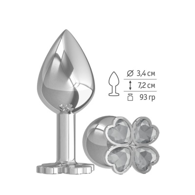 Средняя анальная втулка Silver Клевер с прозрачным кристаллом (529-01 WHITE-DD)